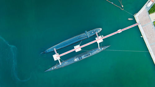 High angle view of ship sailing in swimming pool