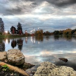 Scenic view of lake against cloudy sky