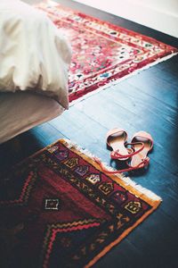 High angle view of child on table at home