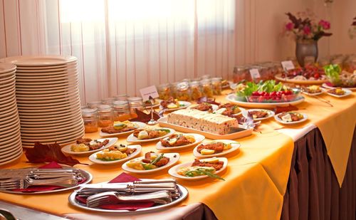 High angle view of food served on table