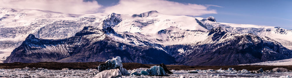 Panoramic view of snowcapped mountains against sky