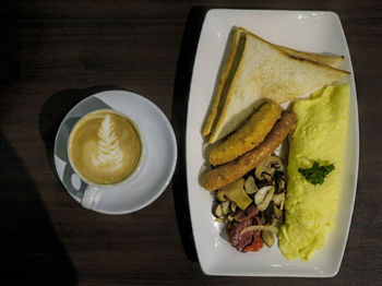 High angle view of breakfast on table