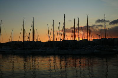 Sailboats in marina at sunset