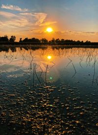 Scenic view of lake against sky during sunset