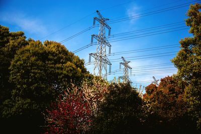 Low angle view of electricity pylon against sky
