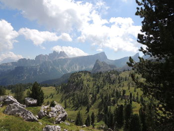 Scenic view of mountains against cloudy sky