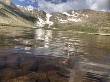 Scenic view of lake and mountains against sky