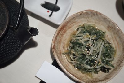 High angle view of food in bowl on table