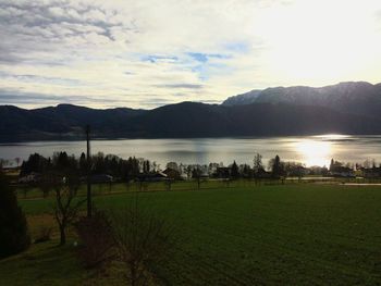 Scenic view of lake against cloudy sky