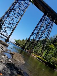 Low angle view of suspension bridge against clear blue sky