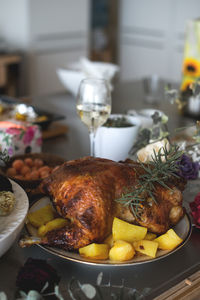 Close-up of meal served on table