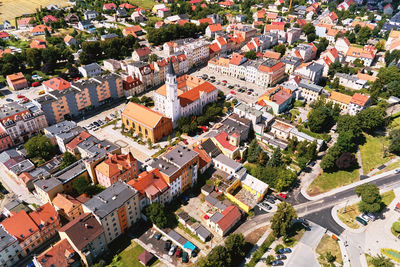 Aerial view of small european city with city streets and residential buildings