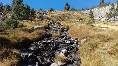 View of rocks on land against sky