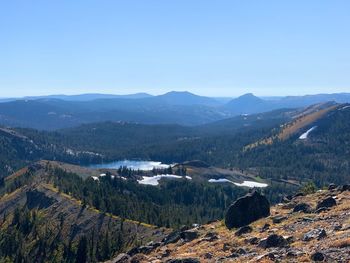 Scenic view of mountains against clear blue sky