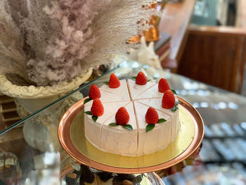 High angle view of strawberry cake