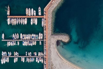 Aerial view of boats moored at harbor