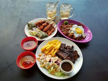 High angle view of breakfast served on table