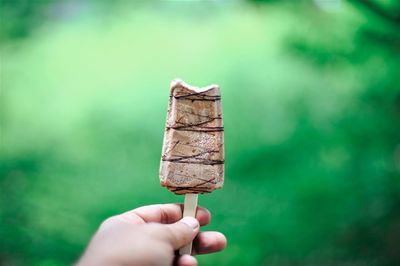 Hand holding ice cream cone against blurred green background