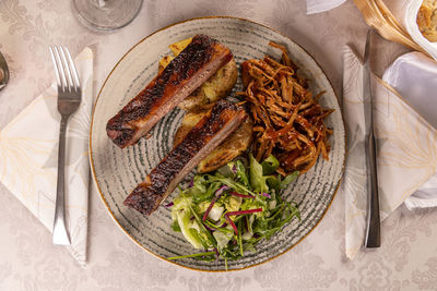 High angle view of food in plate on table