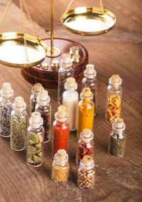 High angle view of bottles on table