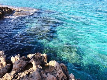 High angle view of rocks in sea