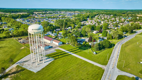 High angle view of cityscape against sky