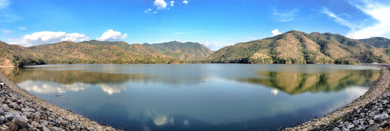 Scenic view of lake and mountains against sky