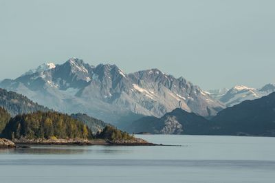 Scenic view of lake and snowcapped mountains against clear sky