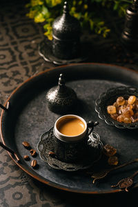 High angle view of coffee on table