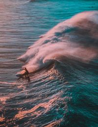 High angle view of person surfing on waves 