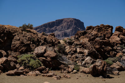 Scenic view of rocky mountains against clear sky