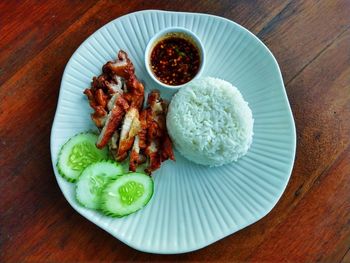 High angle view of meal served on table