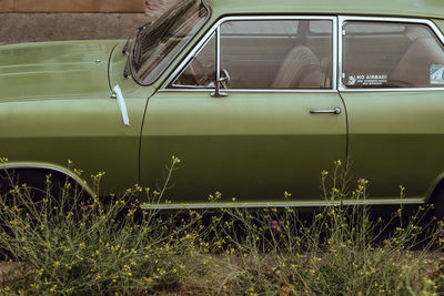 Side view of car parked on field