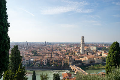 High angle view of buildings in town against sky