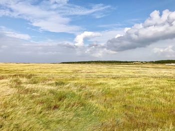 Scenic view of fields against cloudy sky