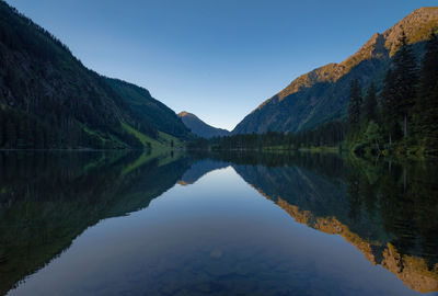 Scenic view of lake and mountains against clear blue sky
