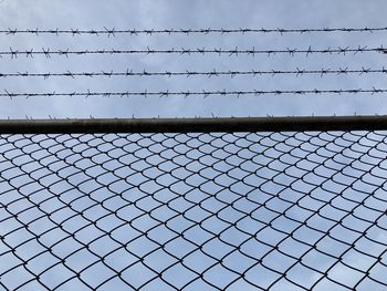 Low angle view of chainlink fence against sky