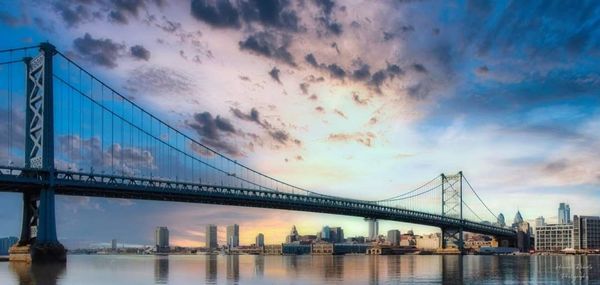 View of suspension bridge against cloudy sky