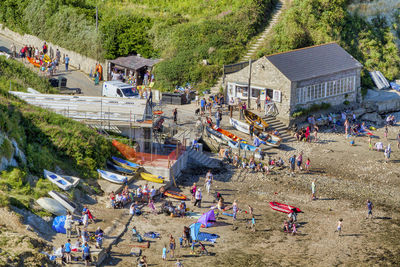 High angle view of people on shore