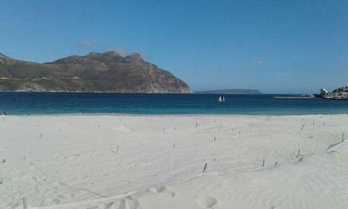 Scenic view of beach against clear blue sky