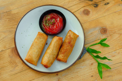 High angle view of food in plate on table