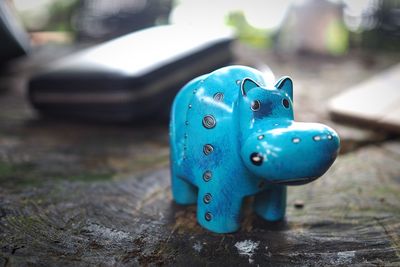 Close-up of blue toy car