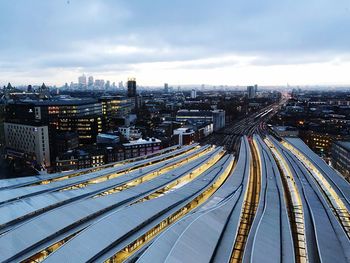 High angle view of railroad tracks against sky london bridge train station skyline shard