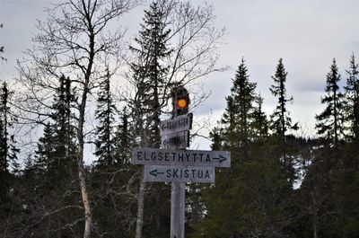 Low angle view of road sign by trees against sky