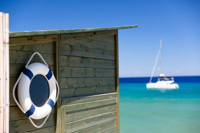 Close-up of sailboat against clear blue sky