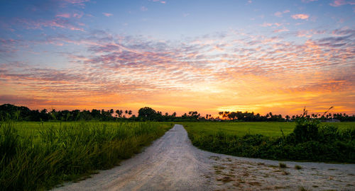 Road amidst field against sky during sunset