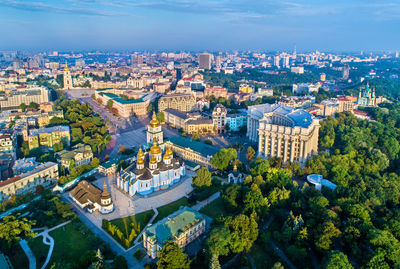 High angle view of buildings in city