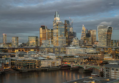 Illuminated buildings in city