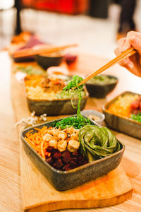 Close-up of meal served on table