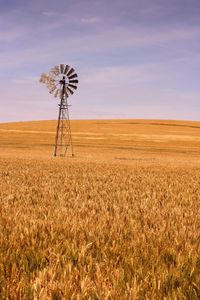 Windmill on field against sky